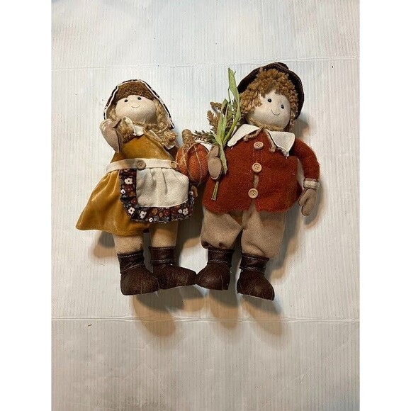 Set of 2 Pilgrim Thanksgiving Fabric Dolls Fall Harvest Farmhouse Country Decor - Picture 2 of 4